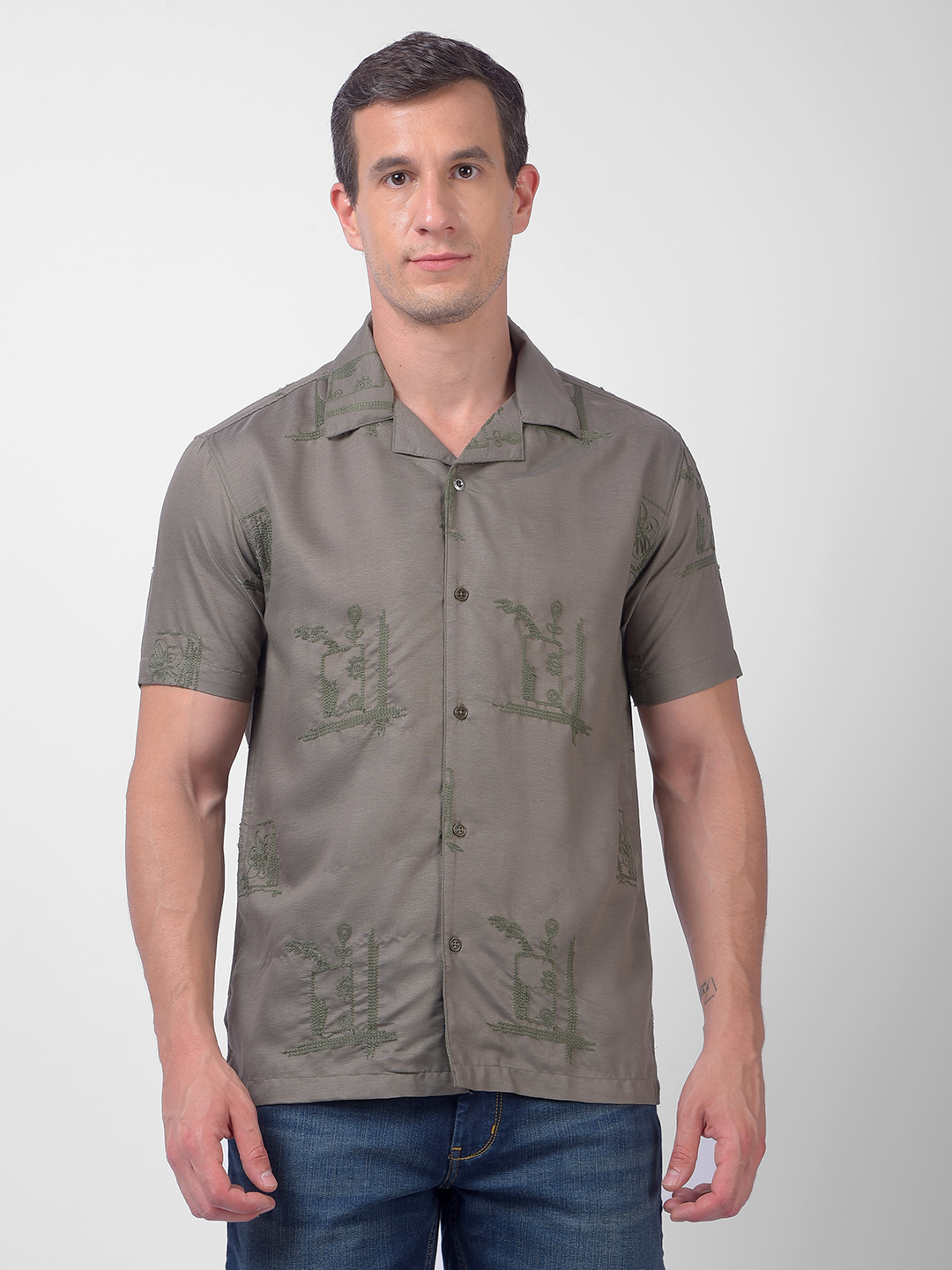 Numero Uno Men Olive Green Embroidered Resort Collar Shirt